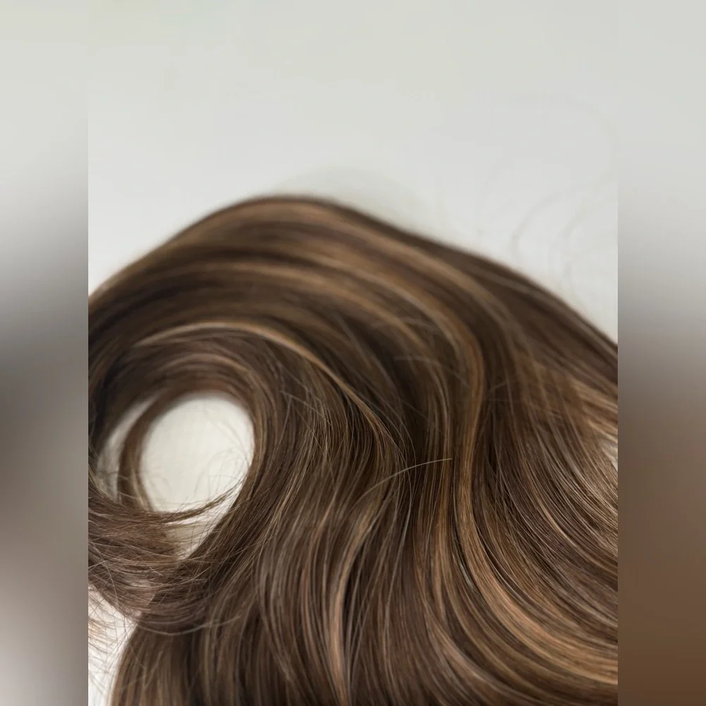 Halo Wavy Hair Extensions Chesnut Brown with Medium Blonde Highlights 18 In